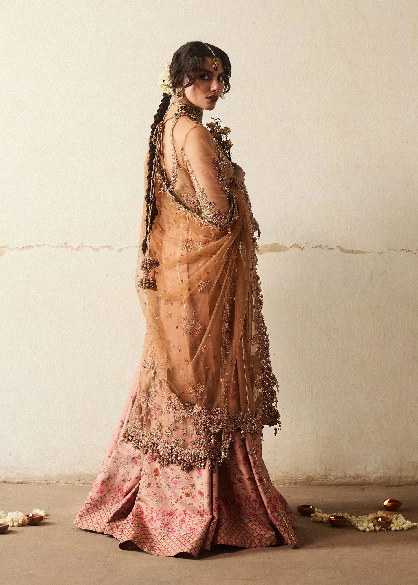 Hussain Rehar | Beige Net Embroidered Embellished Sharara
