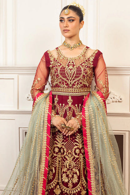 Mushq | Maroon Net Hand Embellished Pishwas Lehenga