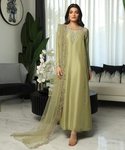 Hazel | Olive Green Silk Embellished Dress