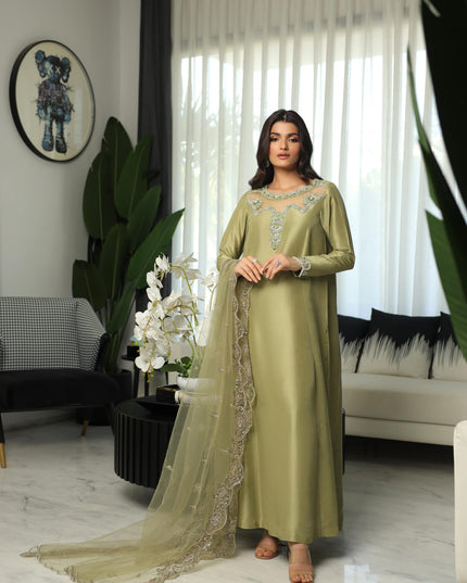Hazel | Olive Green Silk Embellished Dress