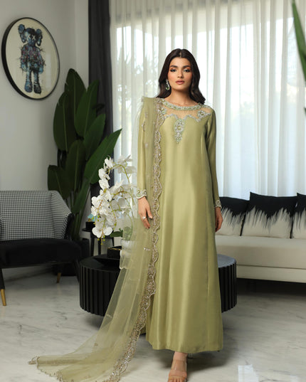 Hazel | Olive Green Silk Embellished Dress
