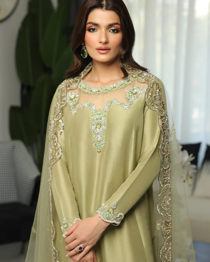 Hazel | Olive Green Silk Embellished Dress
