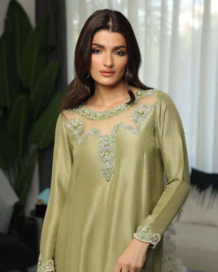Hazel | Olive Green Silk Embellished Dress