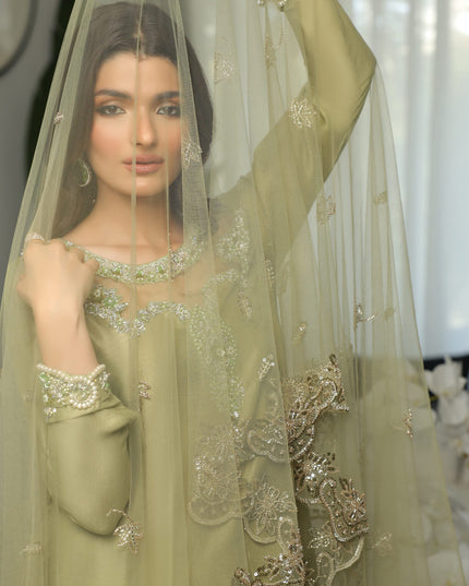 Hazel | Olive Green Silk Embellished Dress