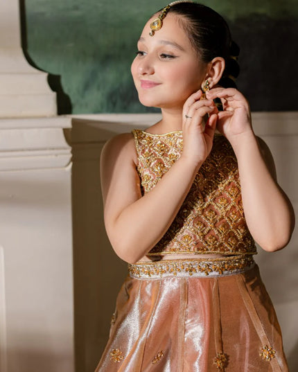 Hena | Girls Pink Gold Tissue Silk Embellished Lehenga Choli
