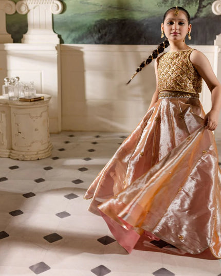 Hena | Girls Pink Gold Tissue Silk Embellished Lehenga Choli