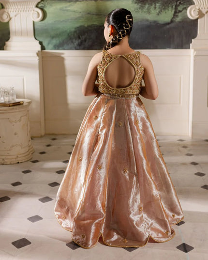 Hena | Girls Pink Gold Tissue Silk Embellished Lehenga Choli
