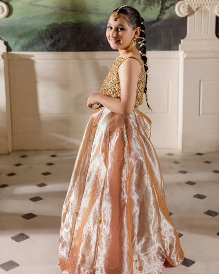 Hena | Girls Pink Gold Tissue Silk Embellished Lehenga Choli
