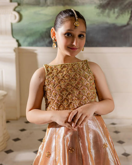 Hena | Girls Pink Gold Tissue Silk Embellished Lehenga Choli