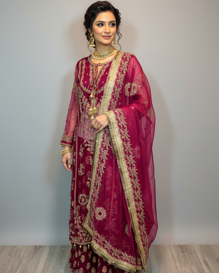 Woman in a traditional maroon and gold embroidered outfit with jewelry against a plain background