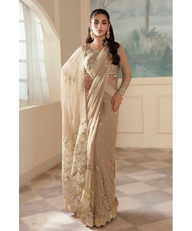 Mehru | Beige Embroidered Chiffon Saree