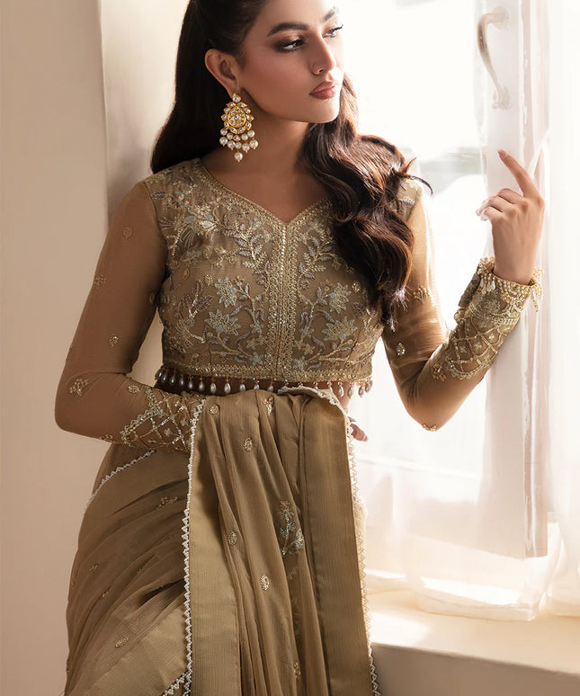 Mehru | Beige Embroidered Chiffon Saree
