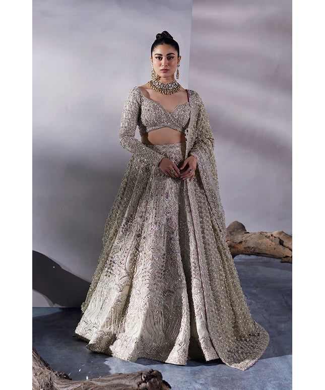 Soraya | Off White Tissue Embellished Bridal Lehenga Choli