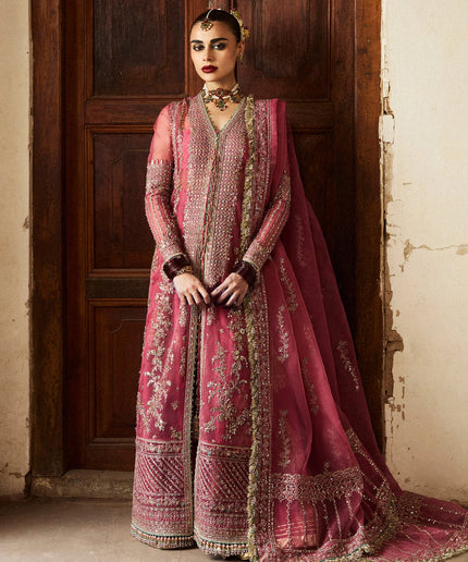 Hussain Rehar | Rose Pink Organza Embroidered Embellished Jacket Lehenga