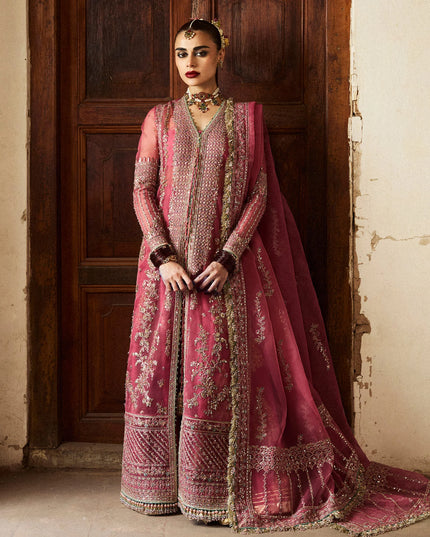 Hussain Rehar | Rose Pink Organza Embroidered Embellished Jacket Lehenga