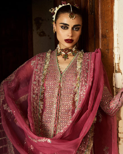Hussain Rehar | Rose Pink Organza Embroidered Embellished Jacket Lehenga