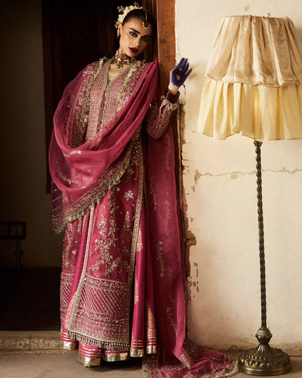 Hussain Rehar | Rose Pink Organza Embroidered Embellished Jacket Lehenga