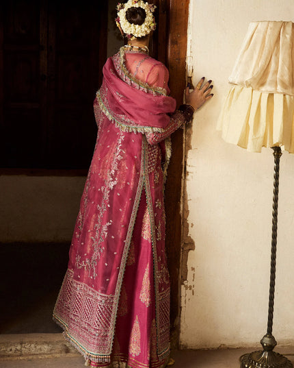 Hussain Rehar | Rose Pink Organza Embroidered Embellished Jacket Lehenga