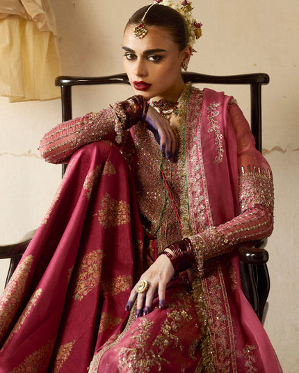 Hussain Rehar | Rose Pink Organza Embroidered Embellished Jacket Lehenga