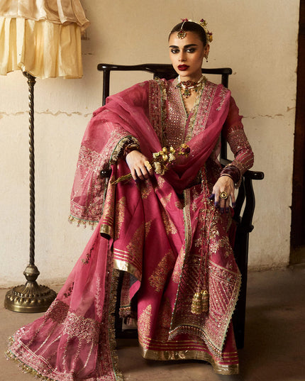 Hussain Rehar | Rose Pink Organza Embroidered Embellished Jacket Lehenga