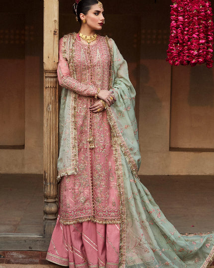Hussain Rehar | Pink Organza Embroidered Embellished Jacket Sharara
