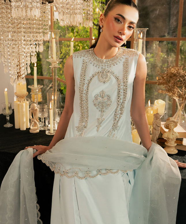 Icelis | Ice Blue Korean Silk Embellished Suit