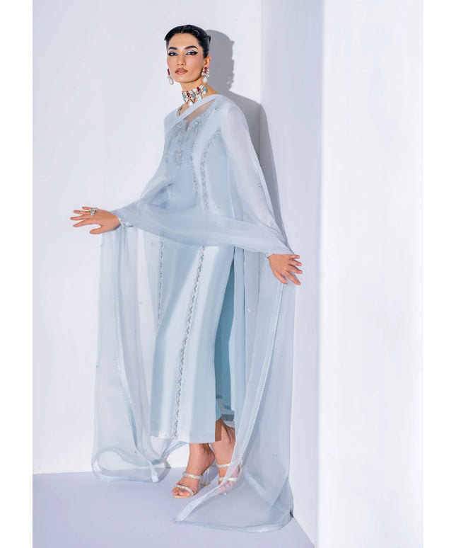 Indie | Ice Blue Pure Silk Tissue Embellished Suit
