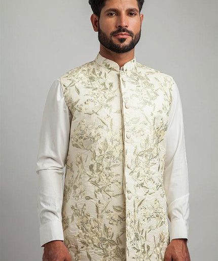 Ivory & Light Gold Floral Embroidered Waistcoat