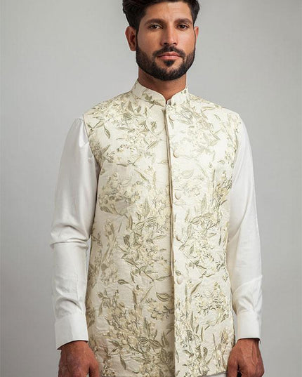 Ivory & Light Gold Floral Embroidered Waistcoat
