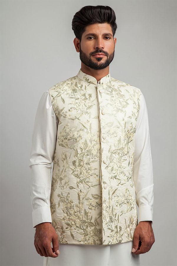 Ivory & Light Gold Floral Embroidered Waistcoat