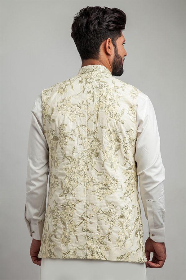 Ivory & Light Gold Floral Embroidered Waistcoat