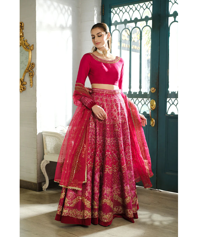Saira Rizwan | Fuschia Pink Silk Embellished Lehenga