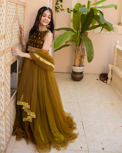 Jasmine | Girls Green Embellished Velvet Lehenga Choli