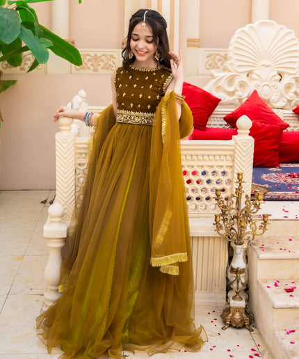 Jasmine | Girls Green Embellished Velvet Lehenga Choli