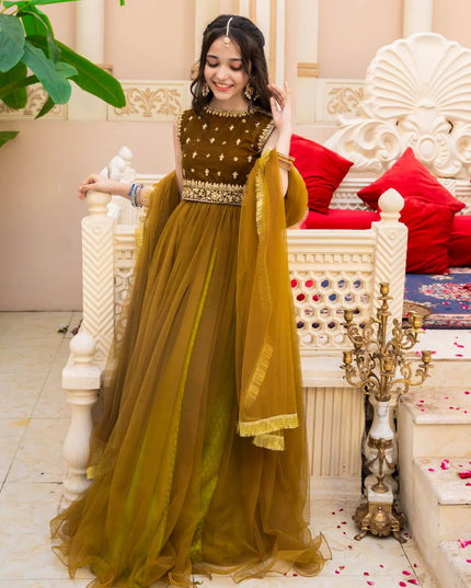 Jasmine | Girls Green Embellished Velvet Lehenga Choli