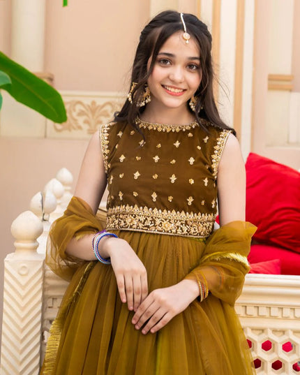 Jasmine | Girls Green Embellished Velvet Lehenga Choli