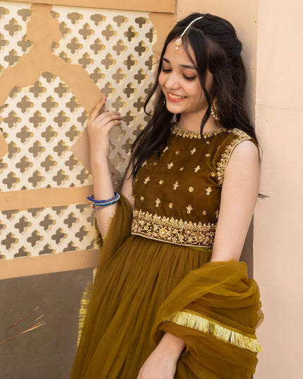 Jasmine | Girls Green Embellished Velvet Lehenga Choli