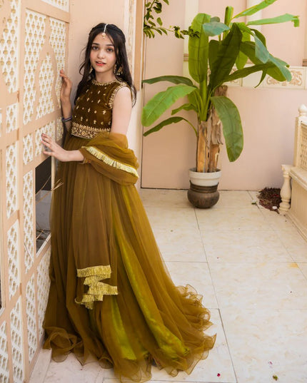 Jasmine | Girls Green Embellished Velvet Lehenga Choli