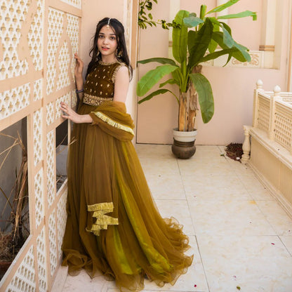 Jasmine | Girls Green Embellished Velvet Lehenga Choli