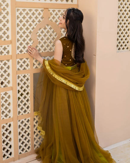 Jasmine | Girls Green Embellished Velvet Lehenga Choli