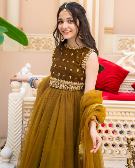 Jasmine | Girls Green Embellished Velvet Lehenga Choli