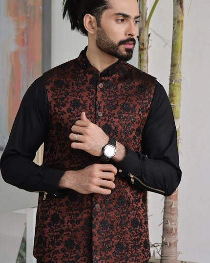 Brown Embroidered Formal Waistcoat