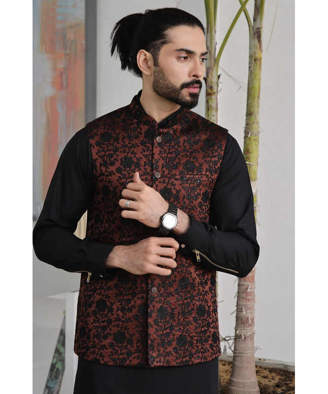 Brown Embroidered Formal Waistcoat