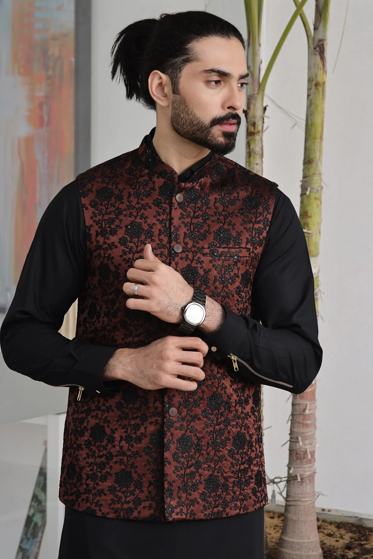 Brown Embroidered Formal Waistcoat