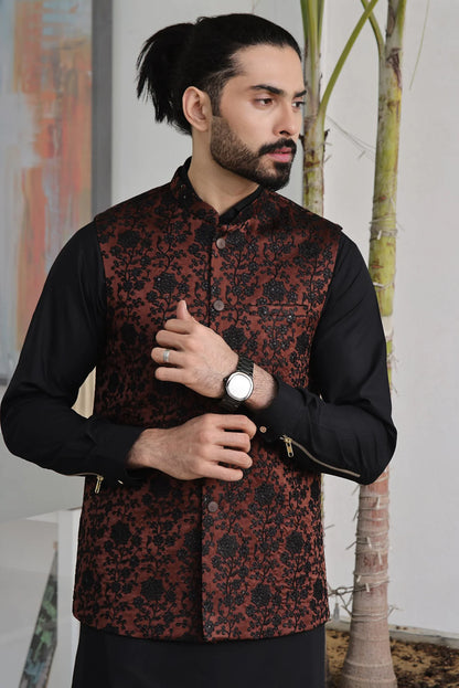 Brown Embroidered Formal Waistcoat