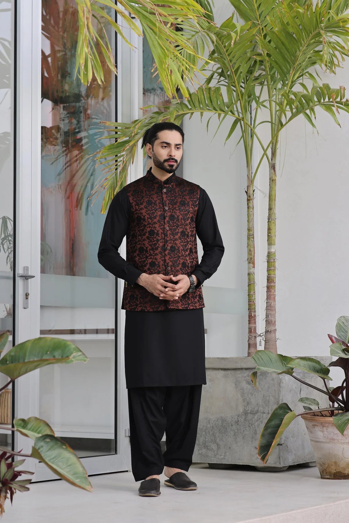 Brown Embroidered Formal Waistcoat