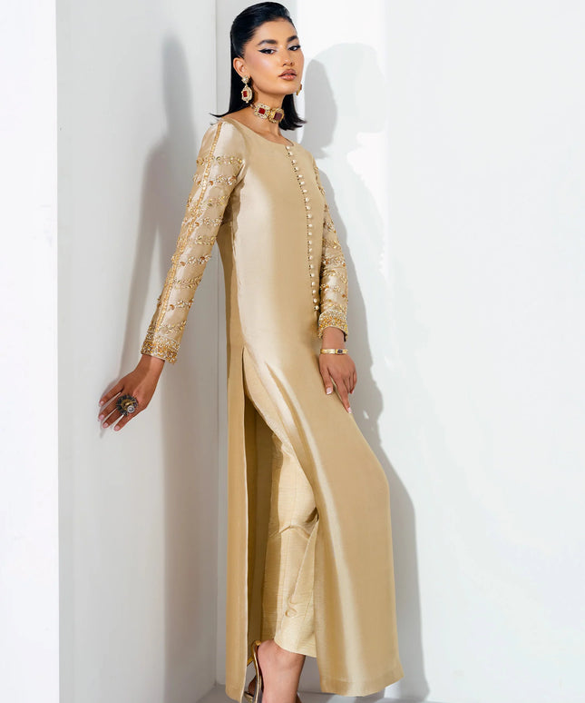 Jazz | Beige Gold Pure Silk Embellished Suit