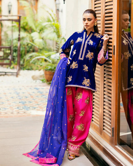 Jia | Navy Blue Velvet Embroidered Farshi Shalwar