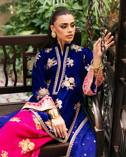 Jia | Navy Blue Velvet Embroidered Farshi Shalwar