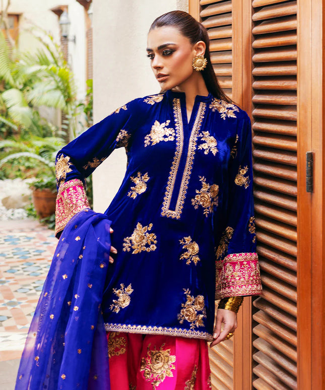 Jia | Navy Blue Velvet Embroidered Farshi Shalwar